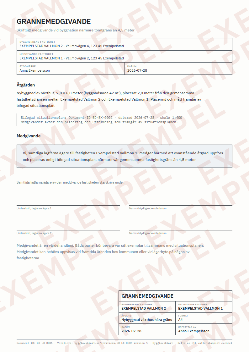Exempel: Grannemedgivande med situationsplan, vattenstämplad förhandsvisning