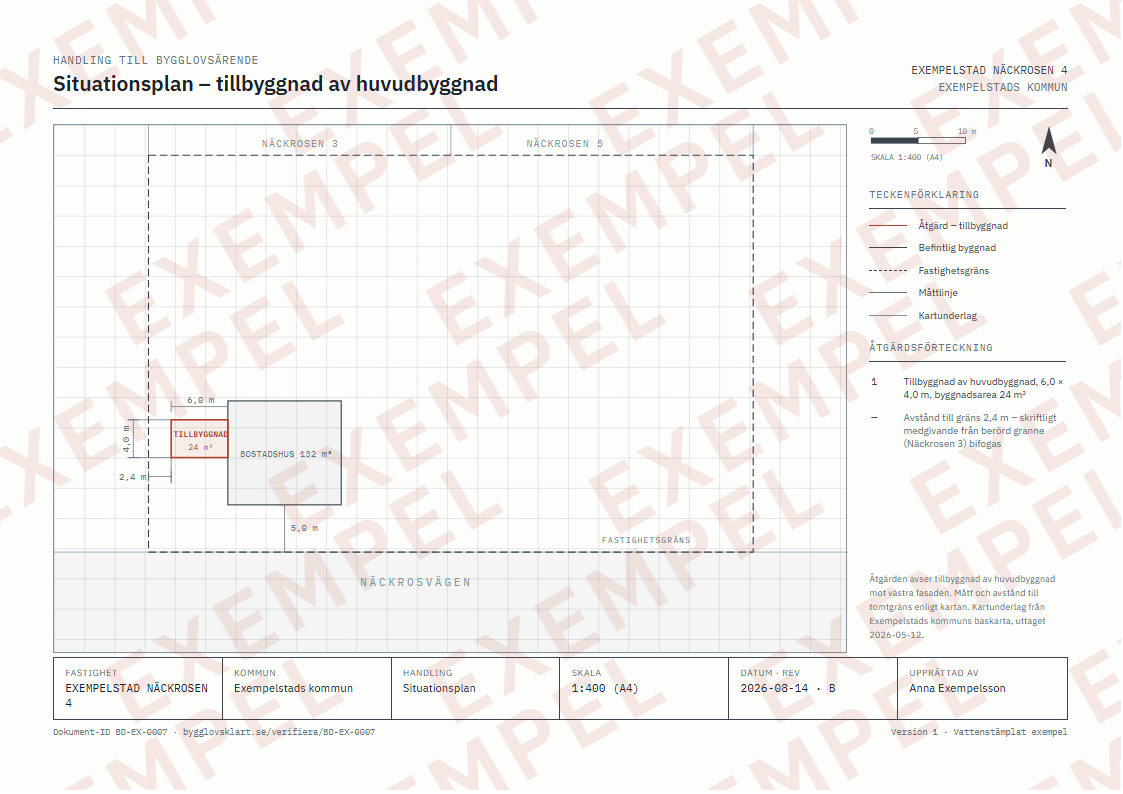Exempel på situationsplan för tillbyggnad, vattenstämplad