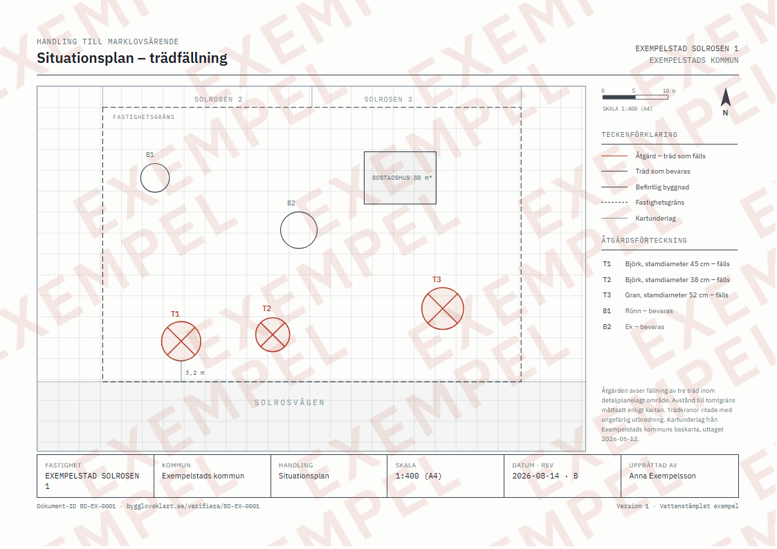 Exempel: Situationsplan för trädfällning, vattenstämplad förhandsvisning