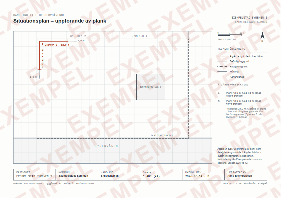 Exempel: Situationsplan för mur/plank, vattenstämplad förhandsvisning